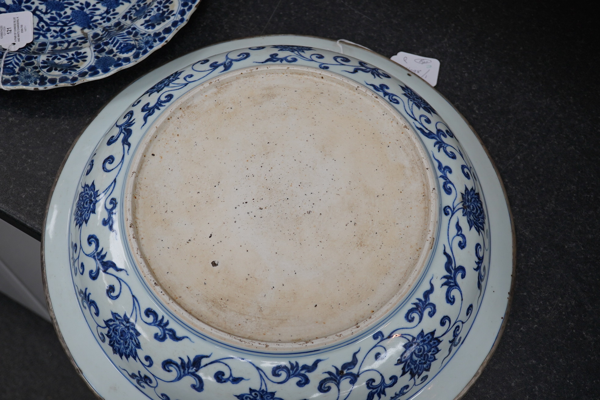 A large Chinese Ming style blue and white dish, possibly 18th century